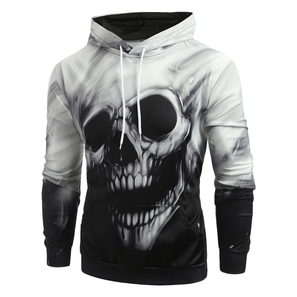 Skull Print Long Sleeve Kangaroo Pocket Hoodie - DromedarShop.com Online Boutique