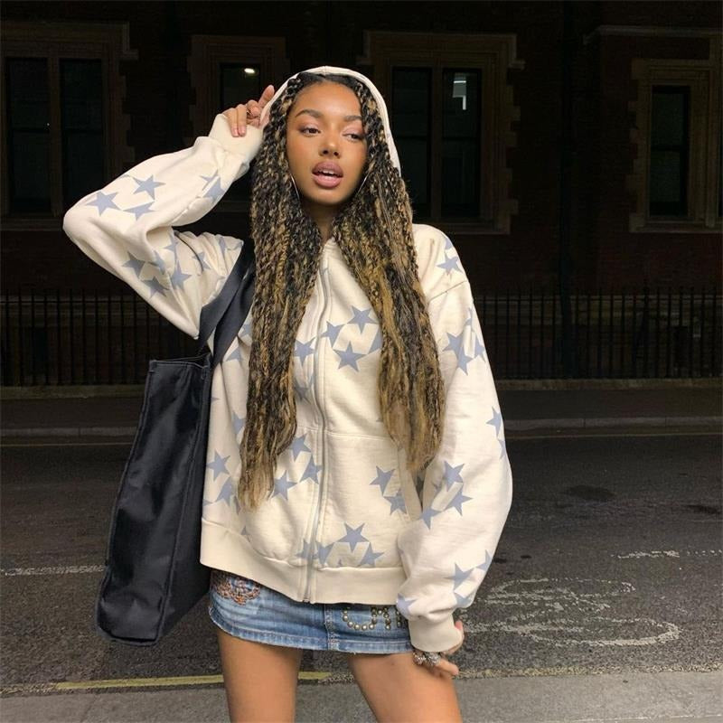 Star Printed Hooded Cardigan - DromedarShop.com Online Boutique