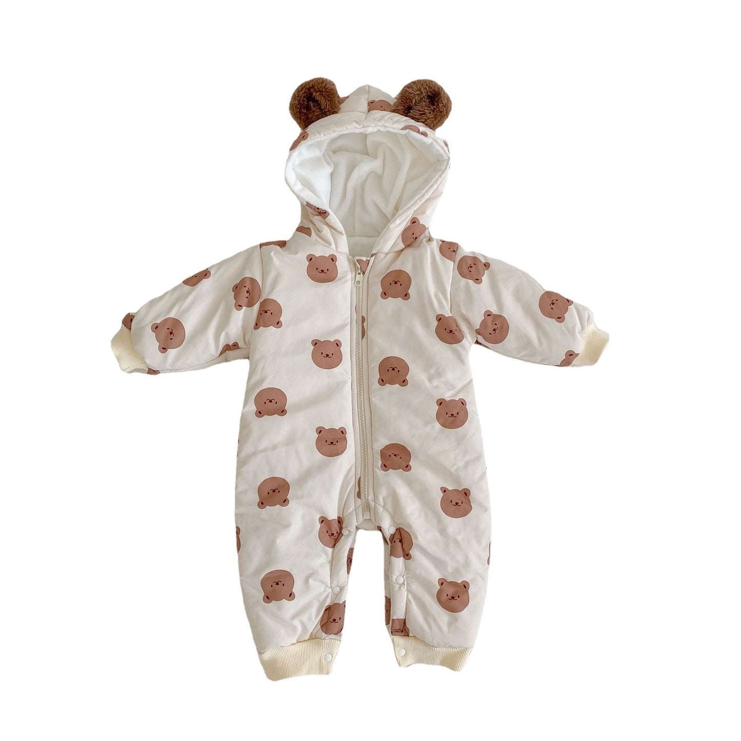 Baby Winter Fleece Warm Bear Print Hooded Long Creeping Cotton Bodysuit - DromedarShop.com Online Boutique