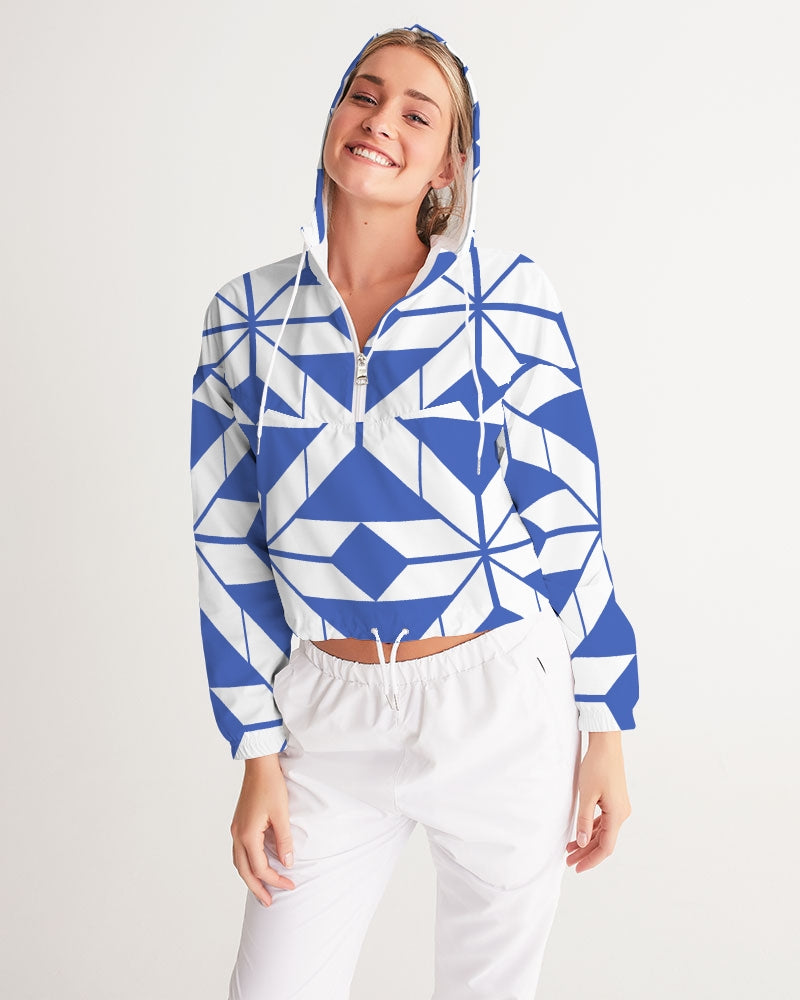 Aztec-Inca Collection Aztec Blue and White pattern Women's Cropped Windbreaker DromedarShop.com Online Boutique