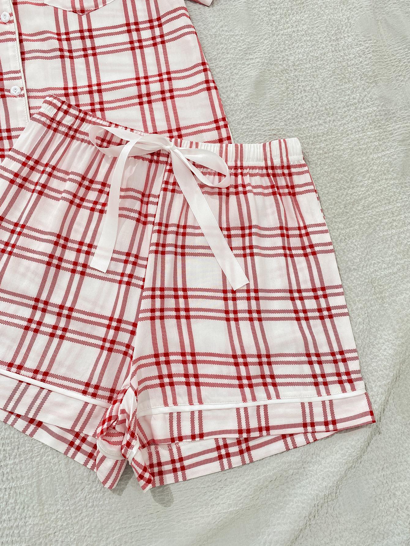 Plaid Lapel Collar Shirt and Shorts Lounge Set DromedarShop.com Online Boutique