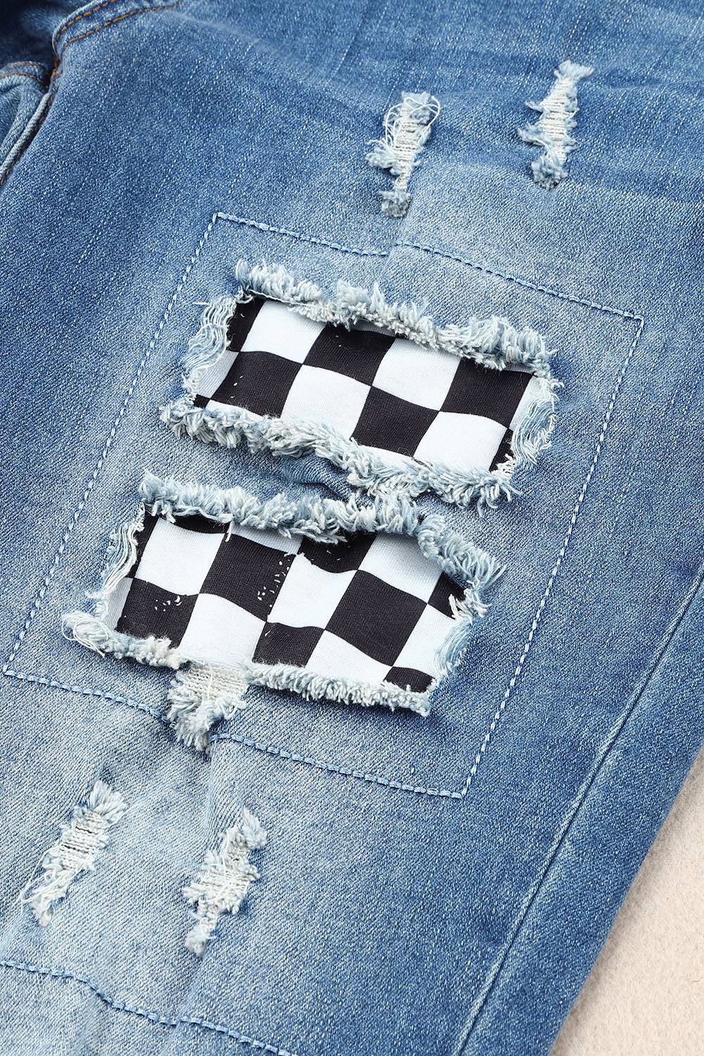 Checkered Patchwork Mid Waist Distressed Jeans - DromedarShop.com Online Boutique