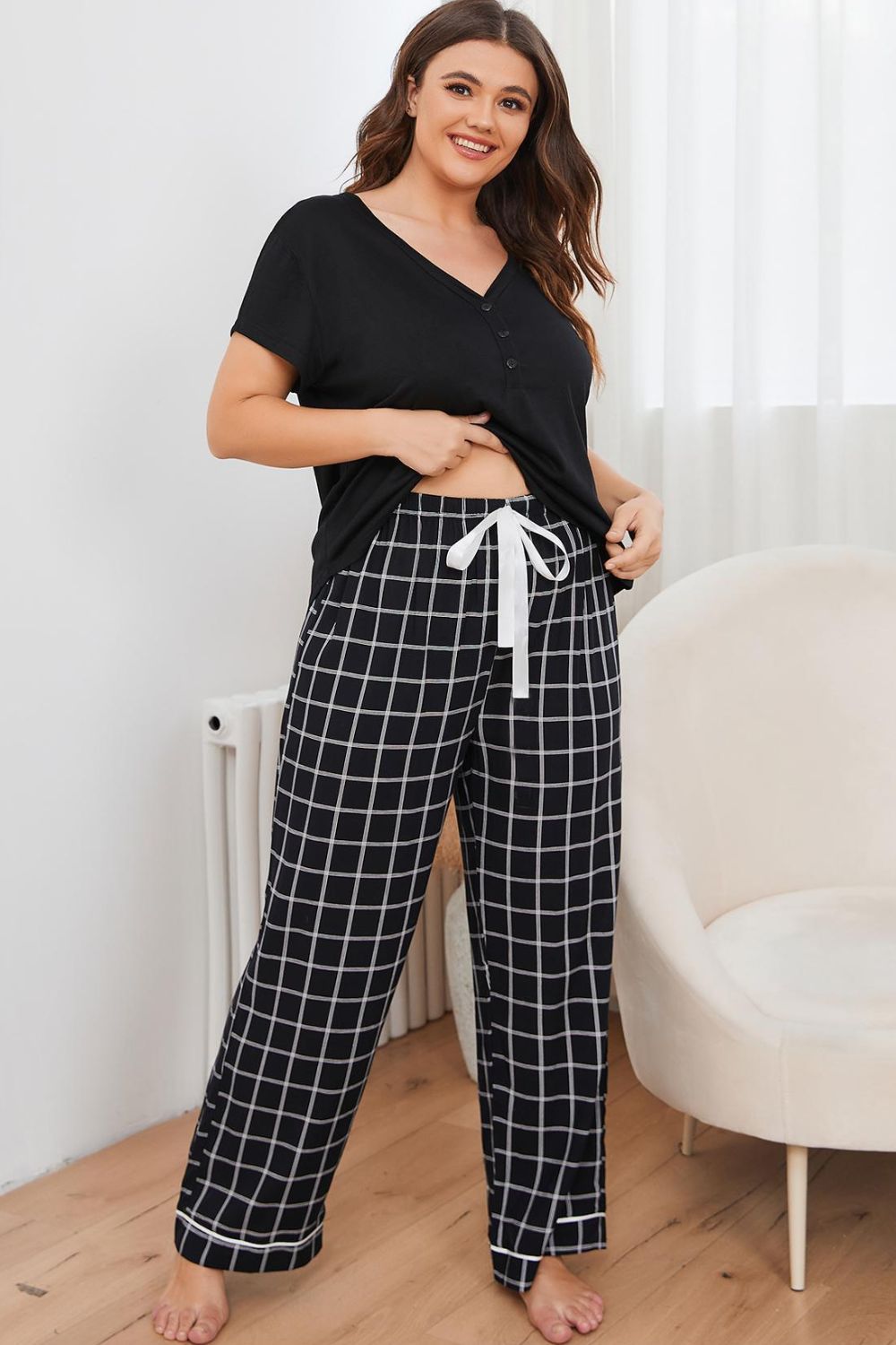 Plus Size V-Neck Top and Plaid Pants Lounge Set - DromedarShop.com Online Boutique