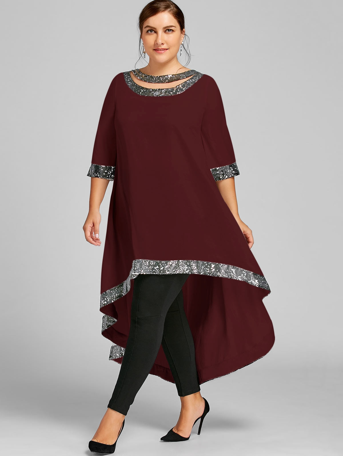 Plus Size Sequined Trim Dip Hem Dress DromedarShop.com Online Boutique
