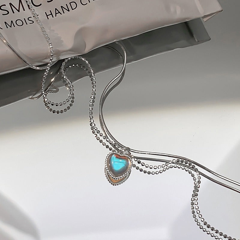 Moonstone Gradient Gemstone Heart-Shaped Collarbone Pendant and Necklace - DromedarShop.com Online Boutique