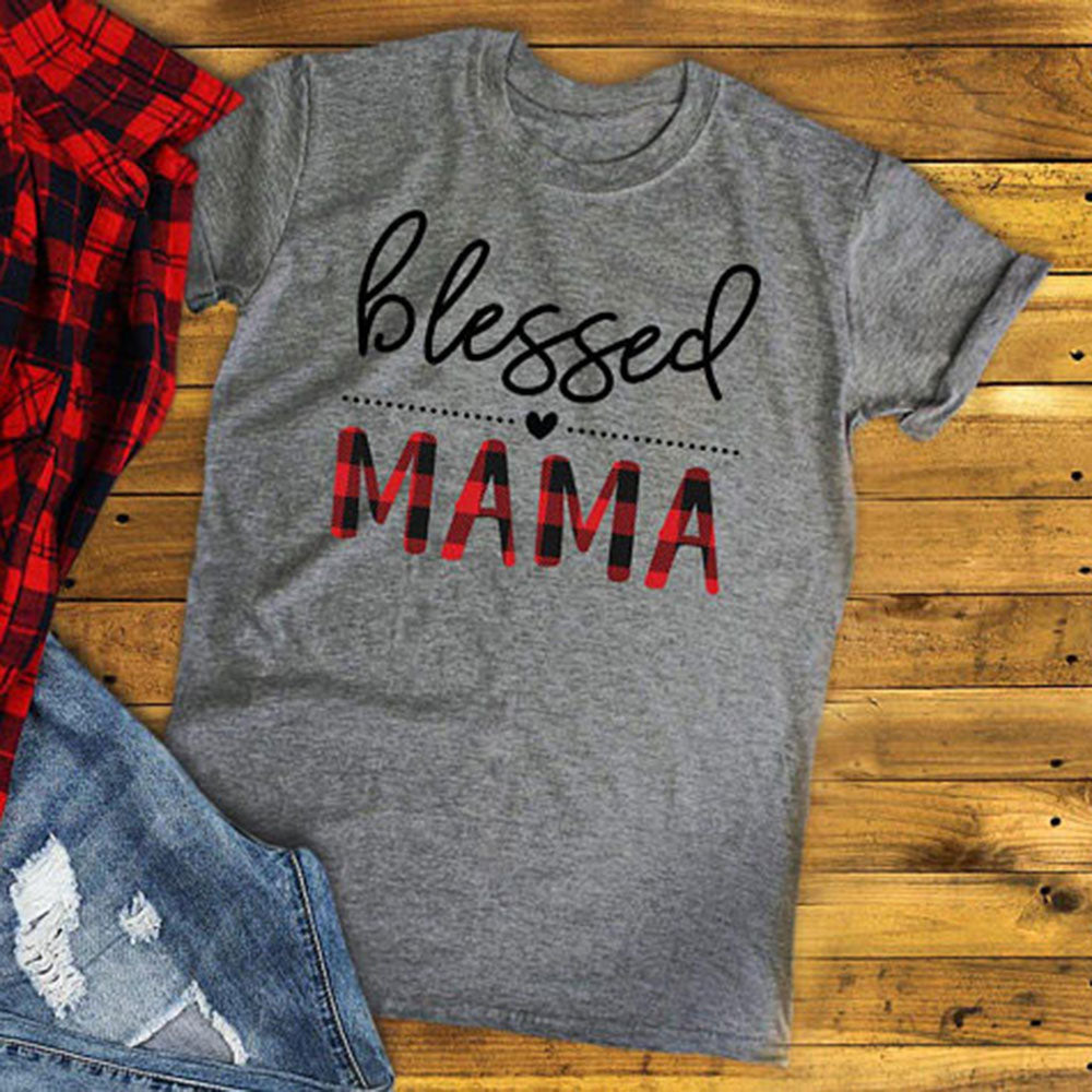 Women Blessed Mama Letter Print Gray T-Shirt DromedarShop.com Online Boutique