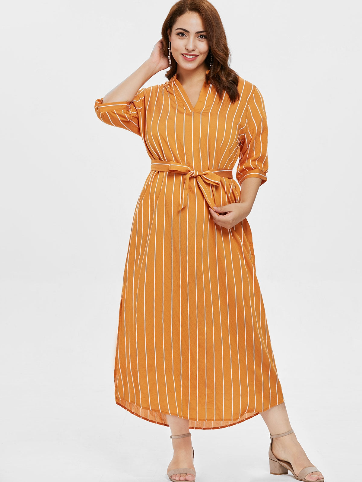 Women Plus Size Half Sleeve Striped Ankle Length Dress - DromedarShop.com Online Boutique