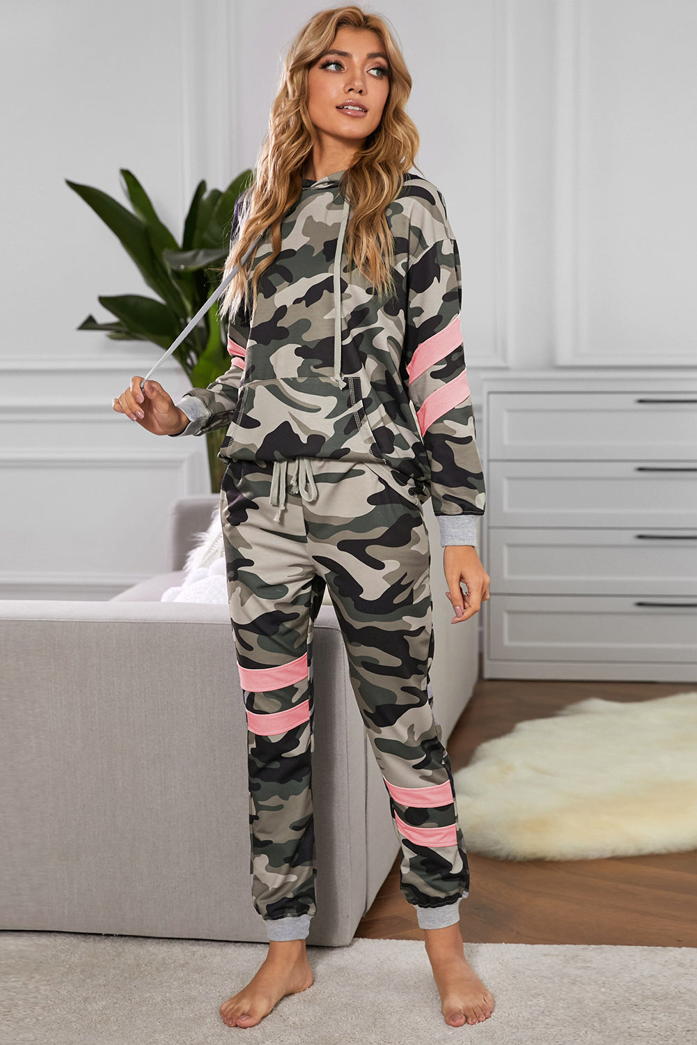 Camouflage Contrast Detail Hoodie and Joggers Lounge Set - DromedarShop.com Online Boutique