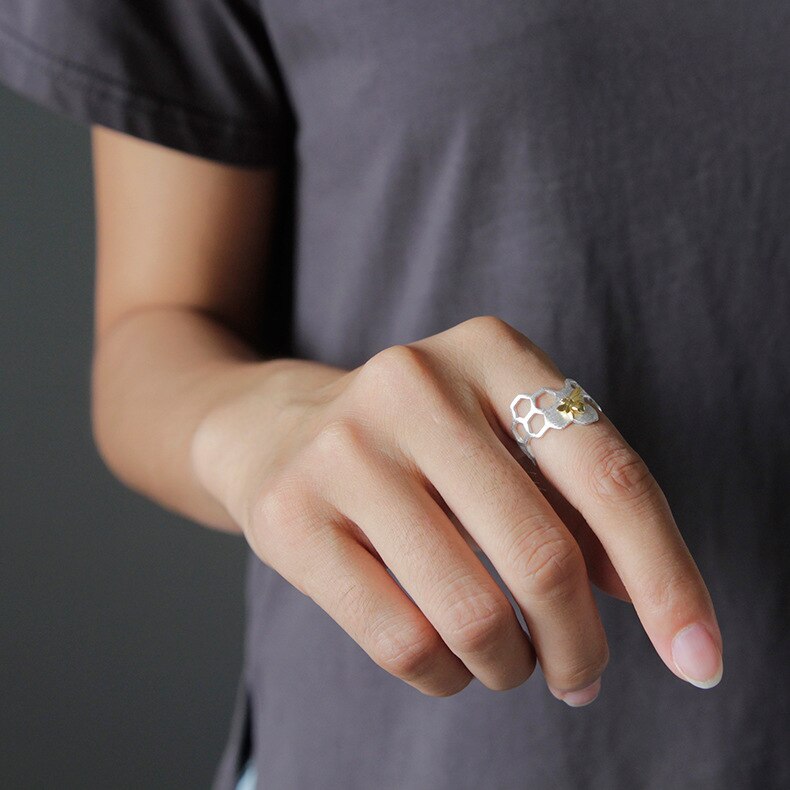 925 Sterling Silver Handmade Open Ring Gold Bee Honeycomb Rings for Women DromedarShop.com Online Boutique