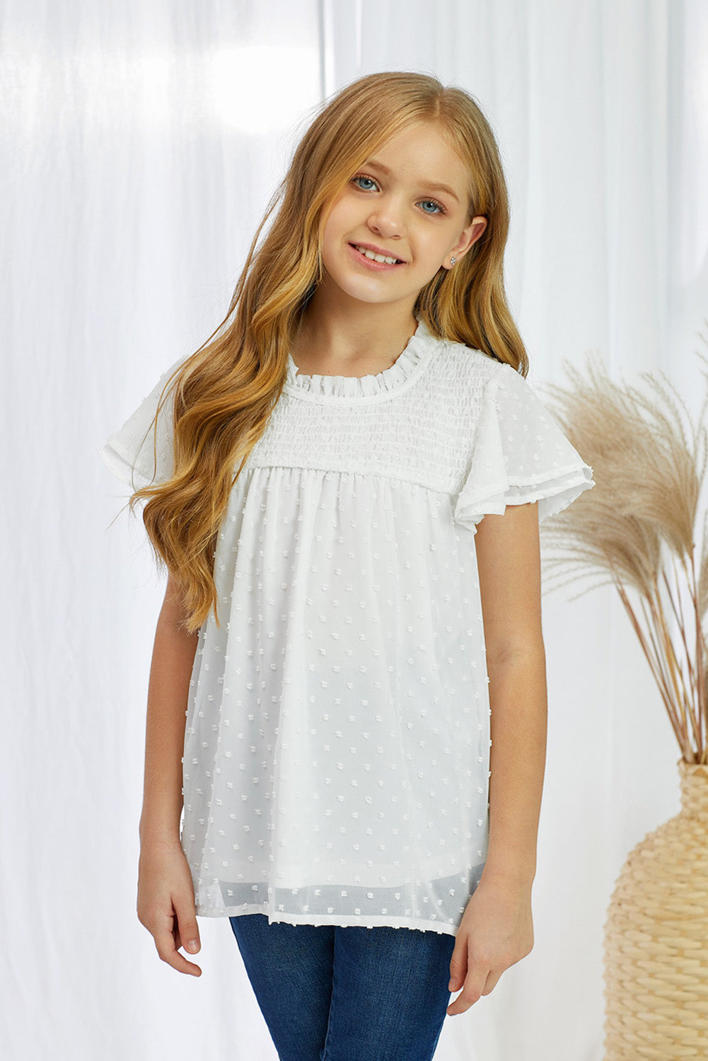 Girls Swiss Dot Smocked Flutter Sleeve Blouse - DromedarShop.com Online Boutique