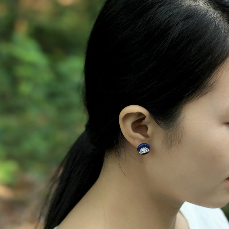 S925 Pure Silver Stud Earrings for Women, Handmade Lapis Lazuli Lotus Round DromedarShop.com Online Boutique