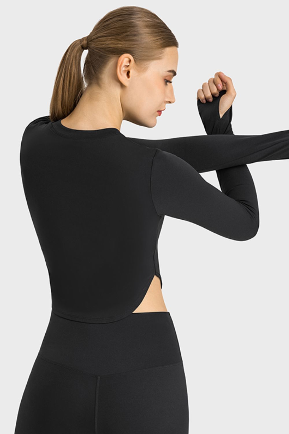 Side Slit Long Sleeve Round Neck Crop Top - DromedarShop.com Online Boutique