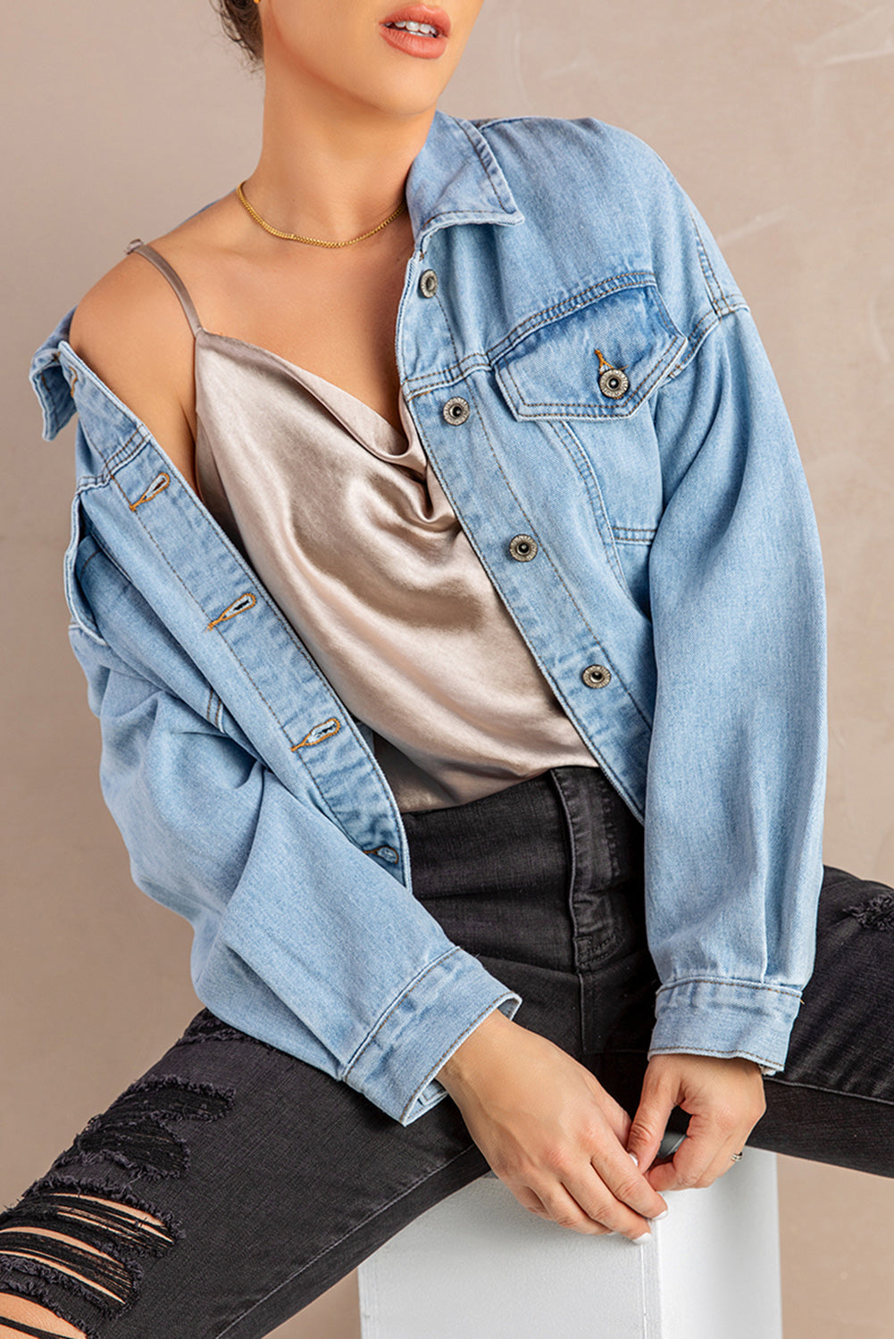 Button Down Dropped Shoulder Denim Jacket - DromedarShop.com Online Boutique