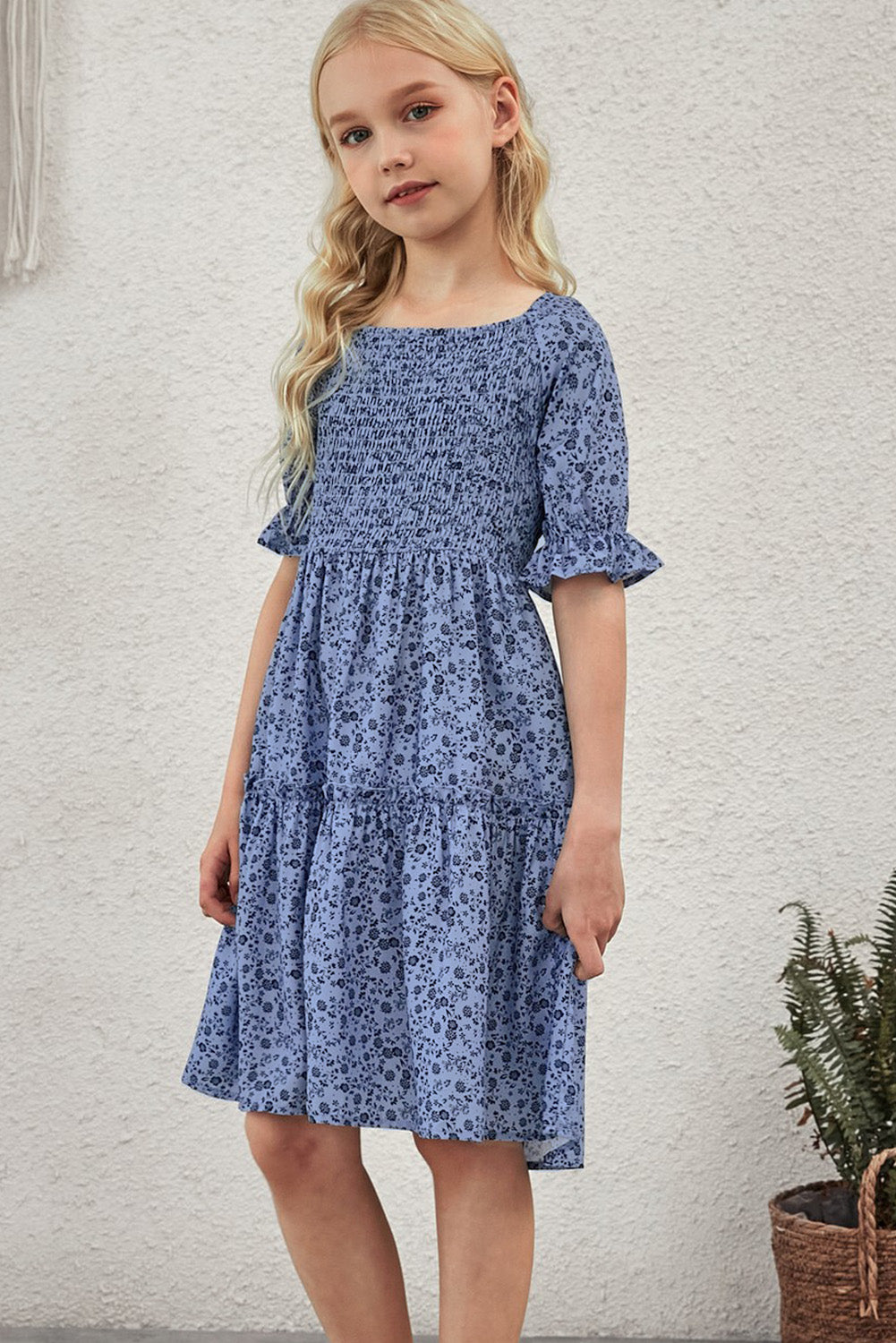 Girls Printed Smocked Flounce Sleeve Dress - DromedarShop.com Online Boutique