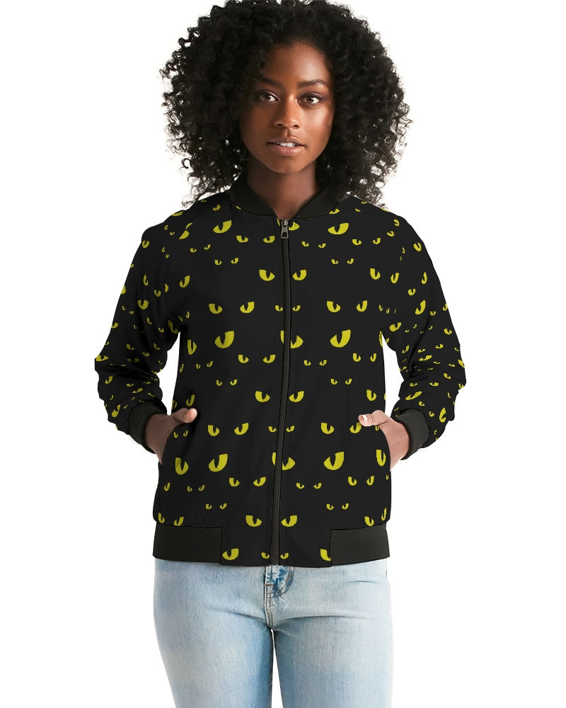 Black Halloween Eyes Pattern Women's Bomber Jacket DromedarShop.com Online Boutique