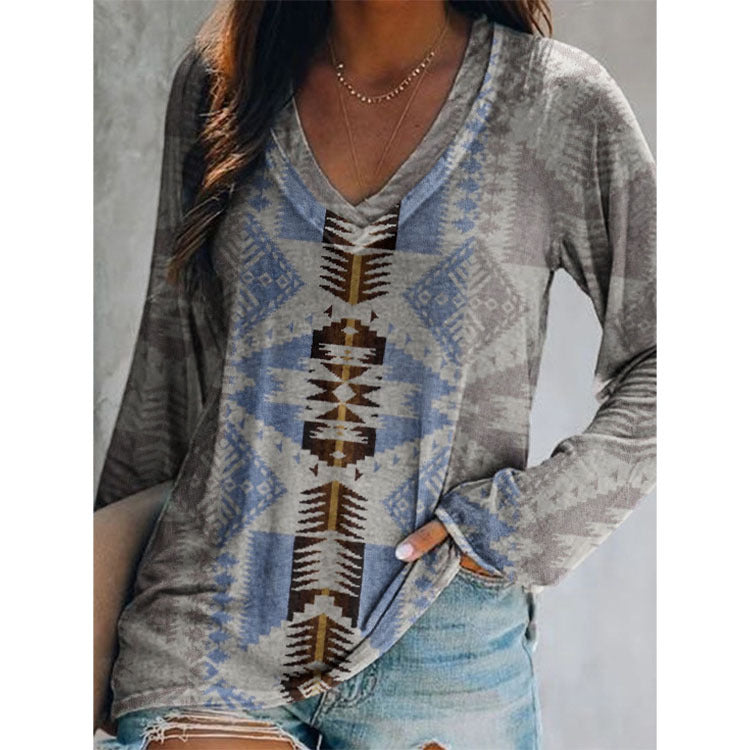 Women Ethnic Style Printing Long Sleeved V- Neck T-Shirt - DromedarShop.com Online Boutique