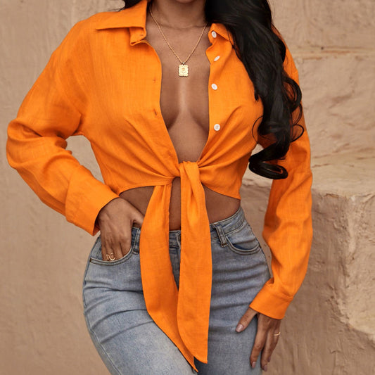 Women Orange Short Long Sleeve Top Shirt - DromedarShop.com Online Boutique