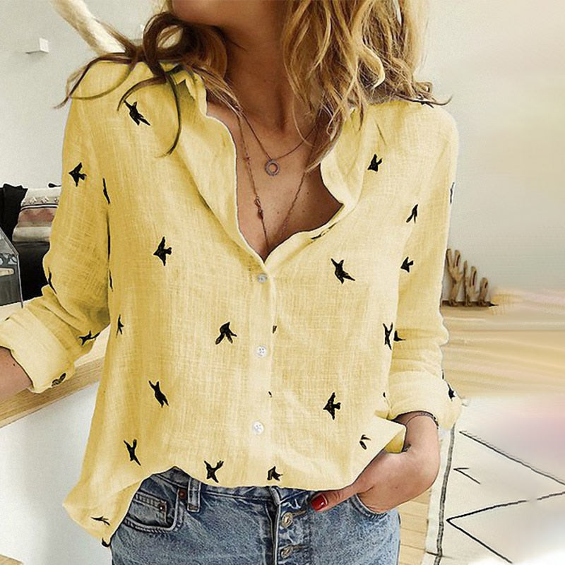 Women's Birds Print Long Sleeve Blouse DromedarShop.com Online Boutique