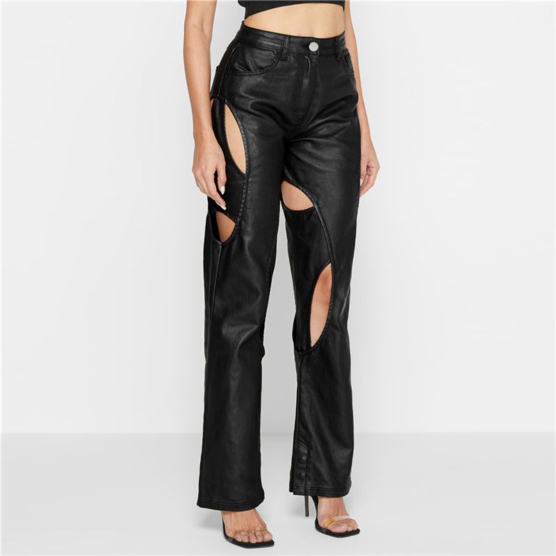 Women's Fashion High Waist Casual Straight Slim Hollow Faux Leather Pants - DromedarShop.com Online Boutique