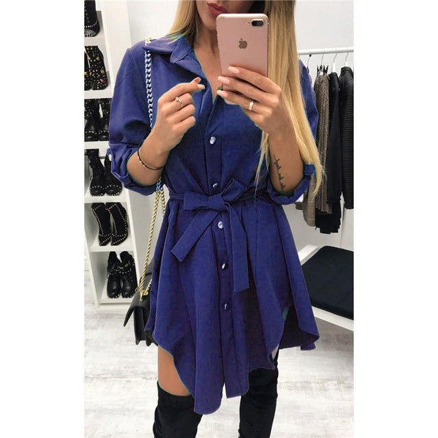 Women long sleeve turndown collar short mini dress DromedarShop.com Online Boutique