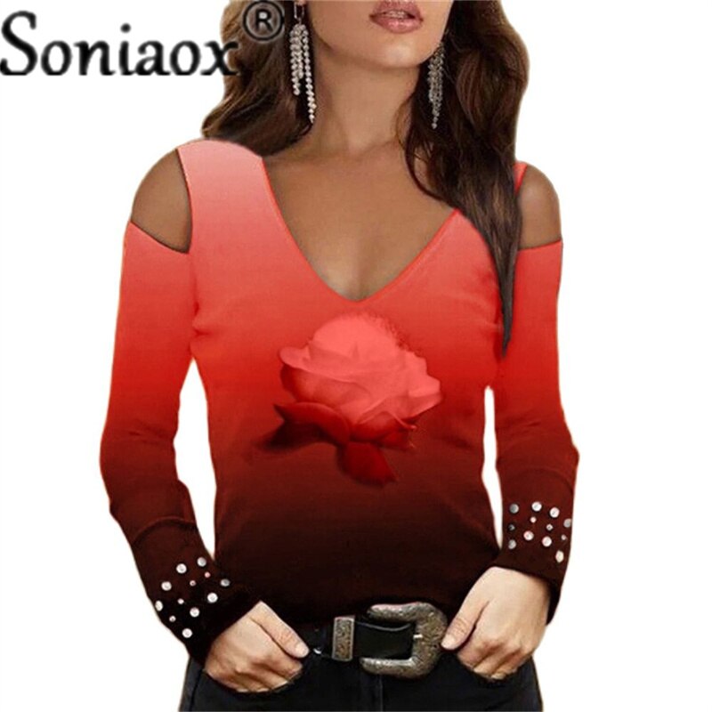 Fashion V-Neck Off-Shoulder Flower Print Top. DromedarShop.com Online Boutique