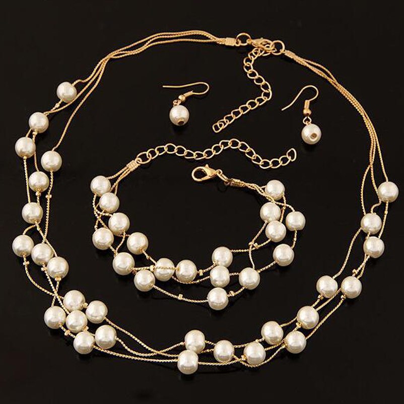 Imitation Pearl Jewelry Simulated Pearl Double Layer Earrings Necklace Bracelet Sets DromedarShop.com Online Boutique