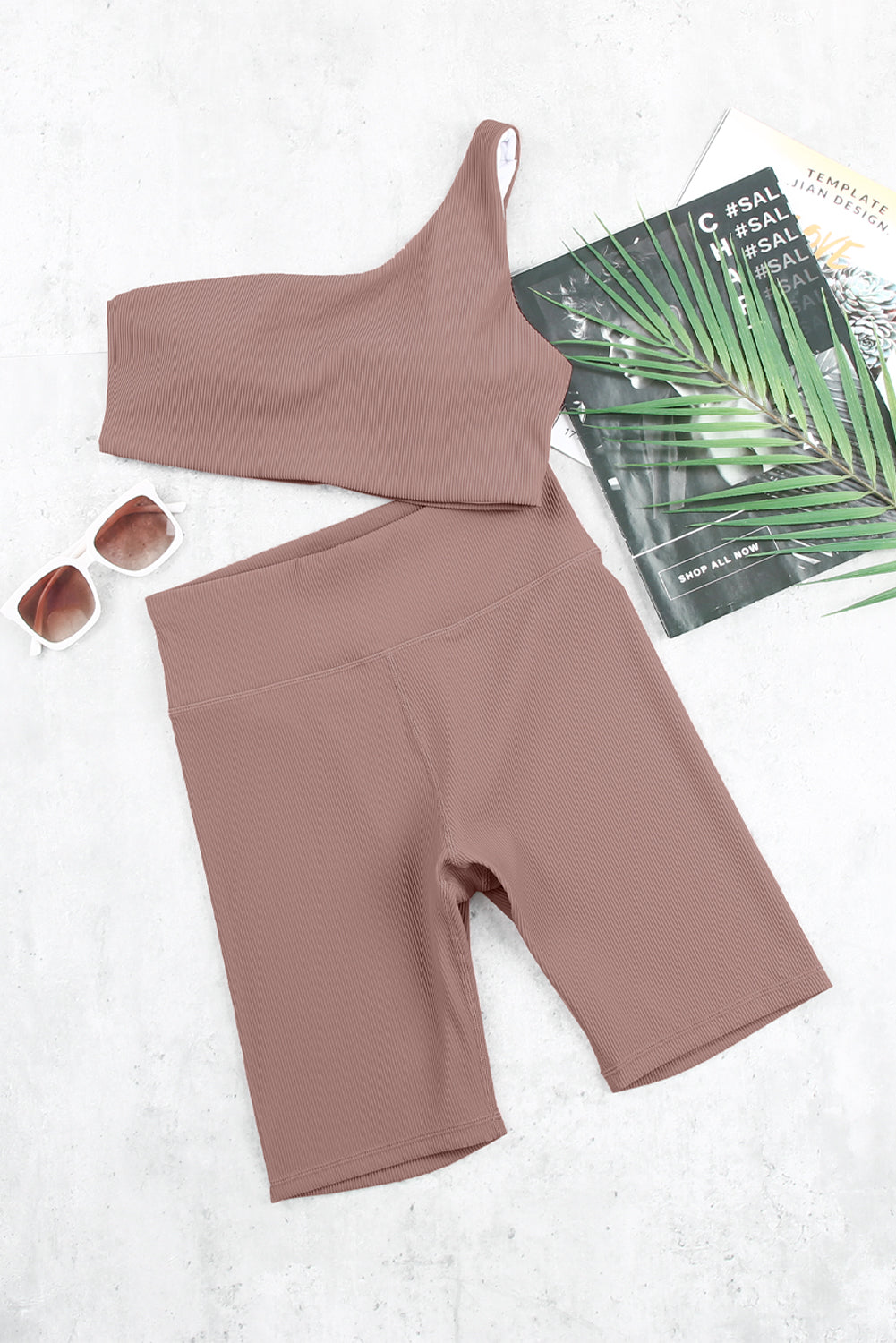 One-shoulder Sports Bra and Biker Shorts Set - DromedarShop.com Online Boutique