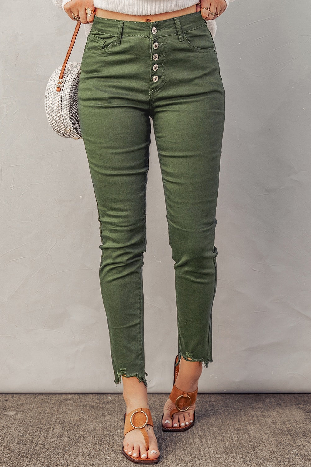 Button Fly Hem Detail Skinny Jeans - DromedarShop.com Online Boutique