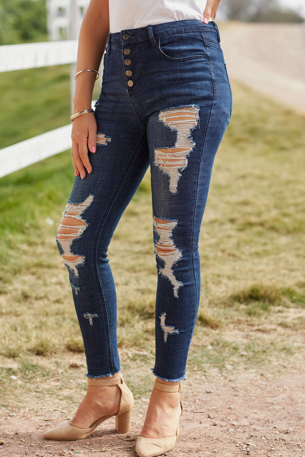 Distressed Button Fly Raw Hem Jeans - DromedarShop.com Online Boutique