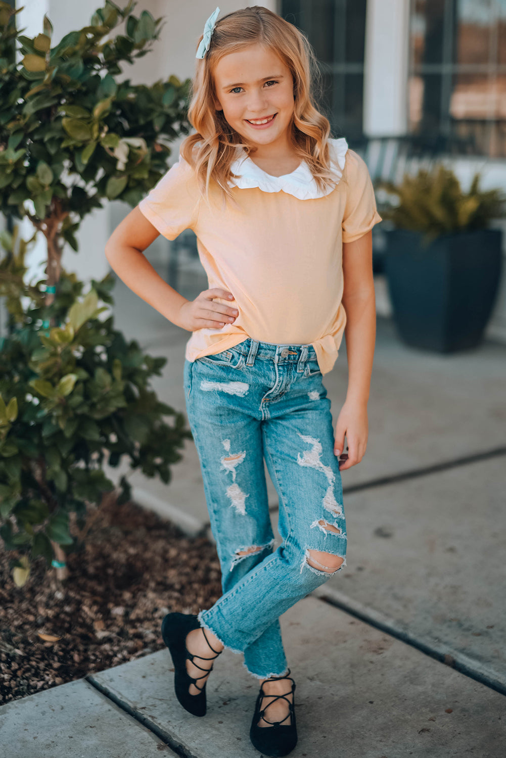 Girls Contrast Peter Pan Collar Short Sleeve Top - DromedarShop.com Online Boutique