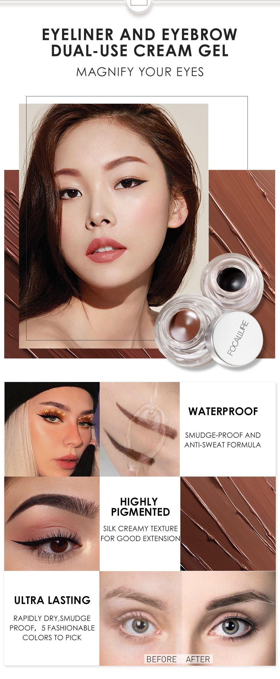 Eyeliner Gel, Eyebrow Waterproof Long-lasting Professional Eye Makeup with 2 Brushes DromedarShop.com Online Boutique