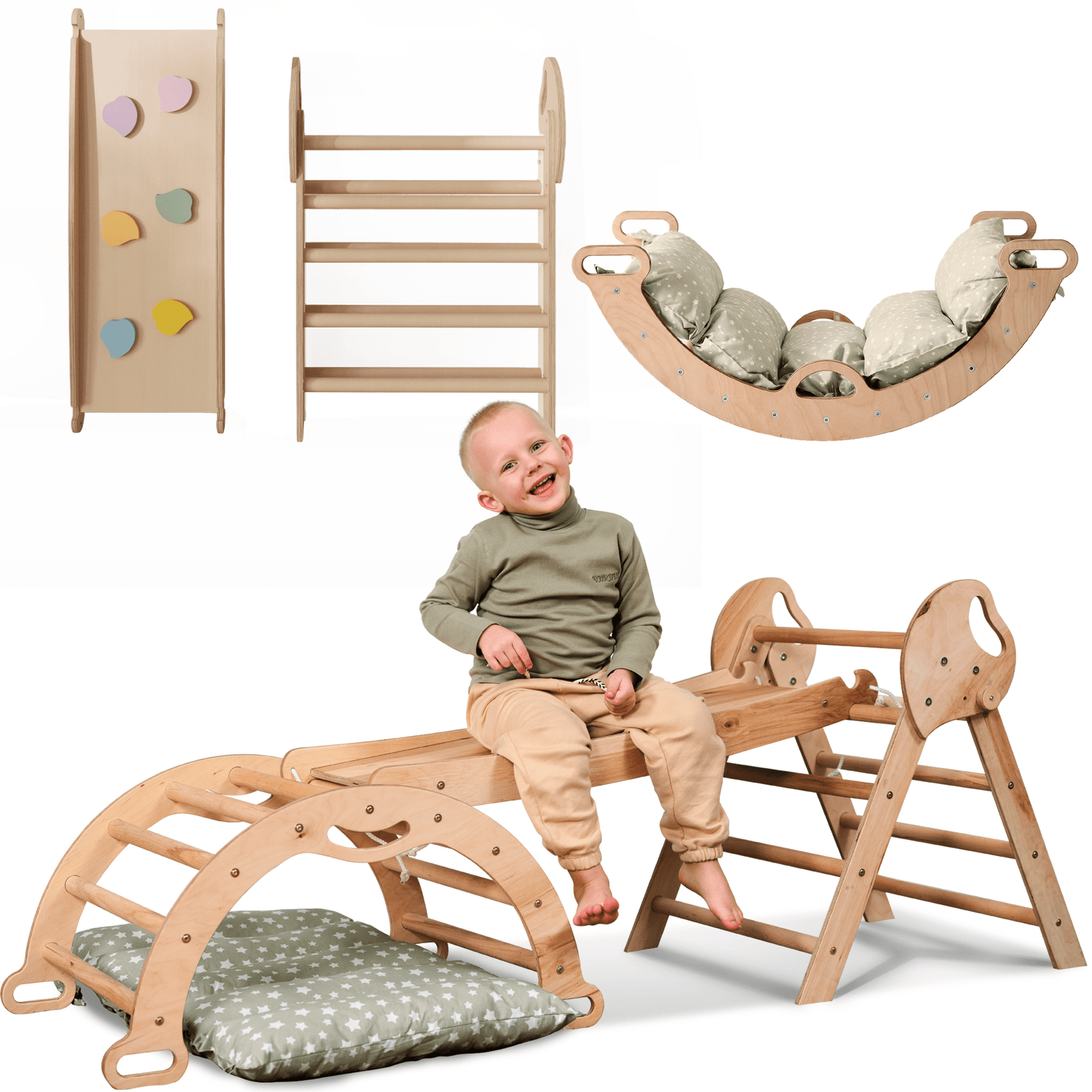 dromedarshop.com 4 in 1 Kletterdreieck Pikler-Dreieck, Kletterbogen, Rutschbrett und Kissen für Kleinkinder