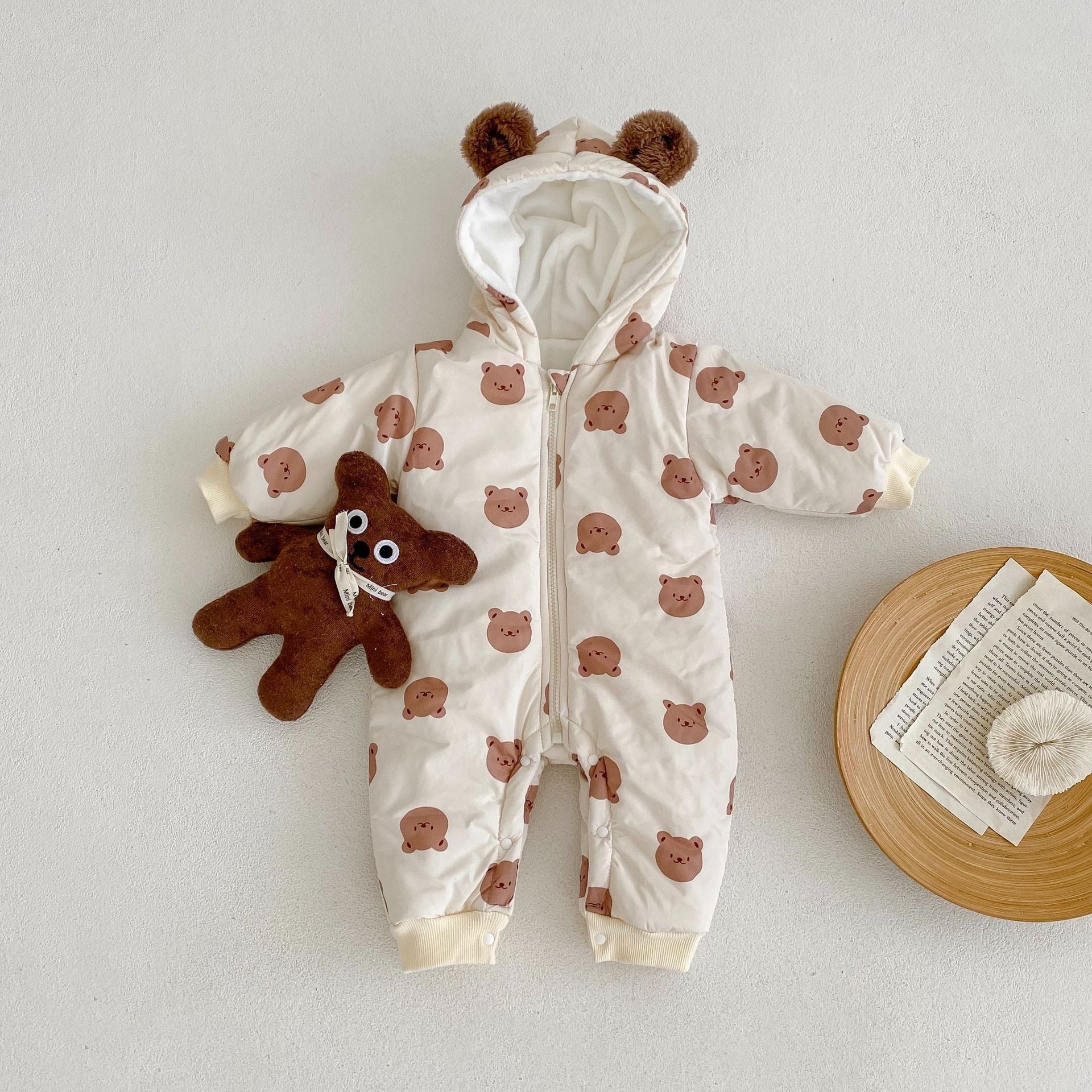 Baby Winter Fleece Warm Bear Print Hooded Long Creeping Cotton Bodysuit - DromedarShop.com Online Boutique