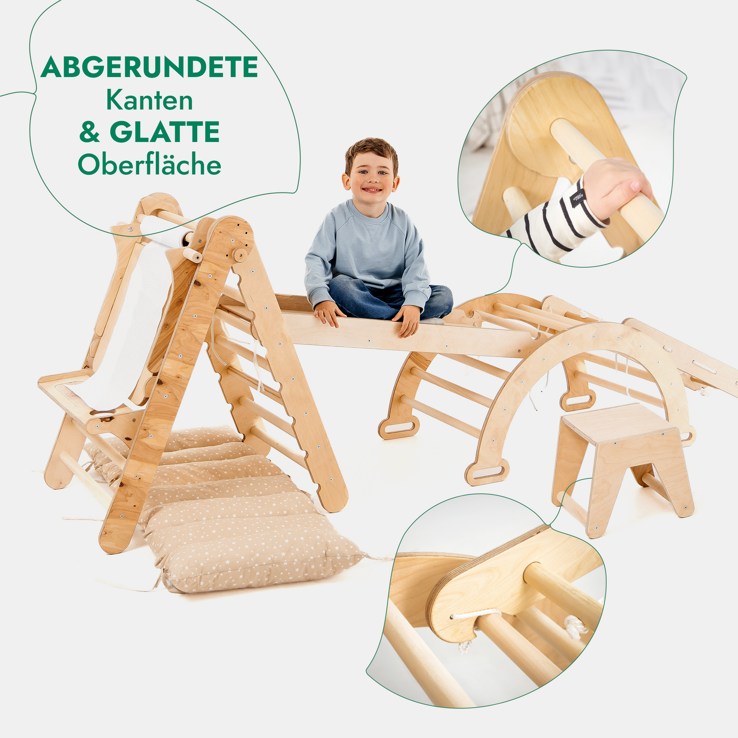 Children's wooden climbing frame with rounded edges and smooth surface, featuring a child sitting on it.