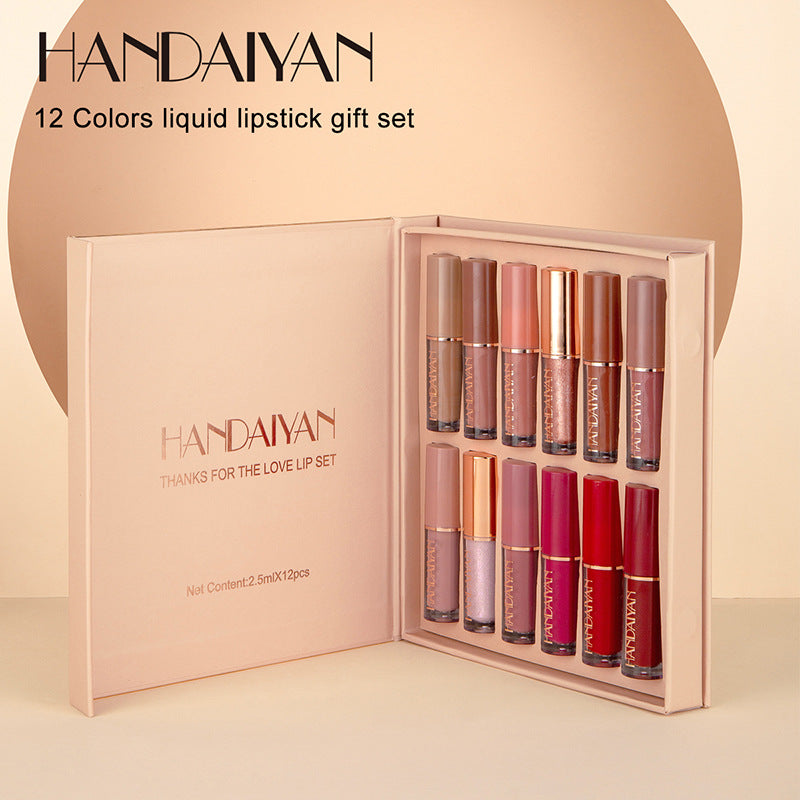 HANDAIYAN 12 Color Liquid Lipstick Set, Matte Pearlescent Non-Stick Cup Lip Gloss