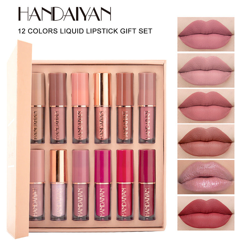 HANDAIYAN 12 Color Liquid Lipstick Set, Matte Pearlescent Non-Stick Cup Lip Gloss