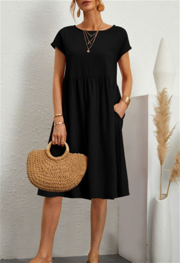 Fashion Summer Women's Cotton Linen Round Neck A-Line Dress - DromedarShop.com Online Boutique