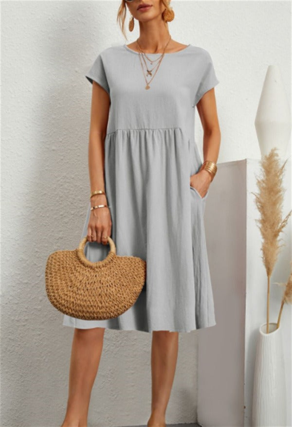 Fashion Summer Women's Cotton Linen Round Neck A-Line Dress - DromedarShop.com Online Boutique