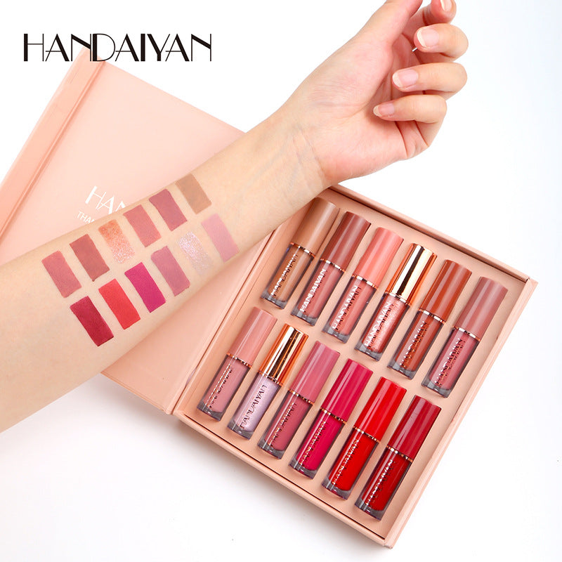 HANDAIYAN 12 Color Liquid Lipstick Set, Matte Pearlescent Non-Stick Cup Lip Gloss