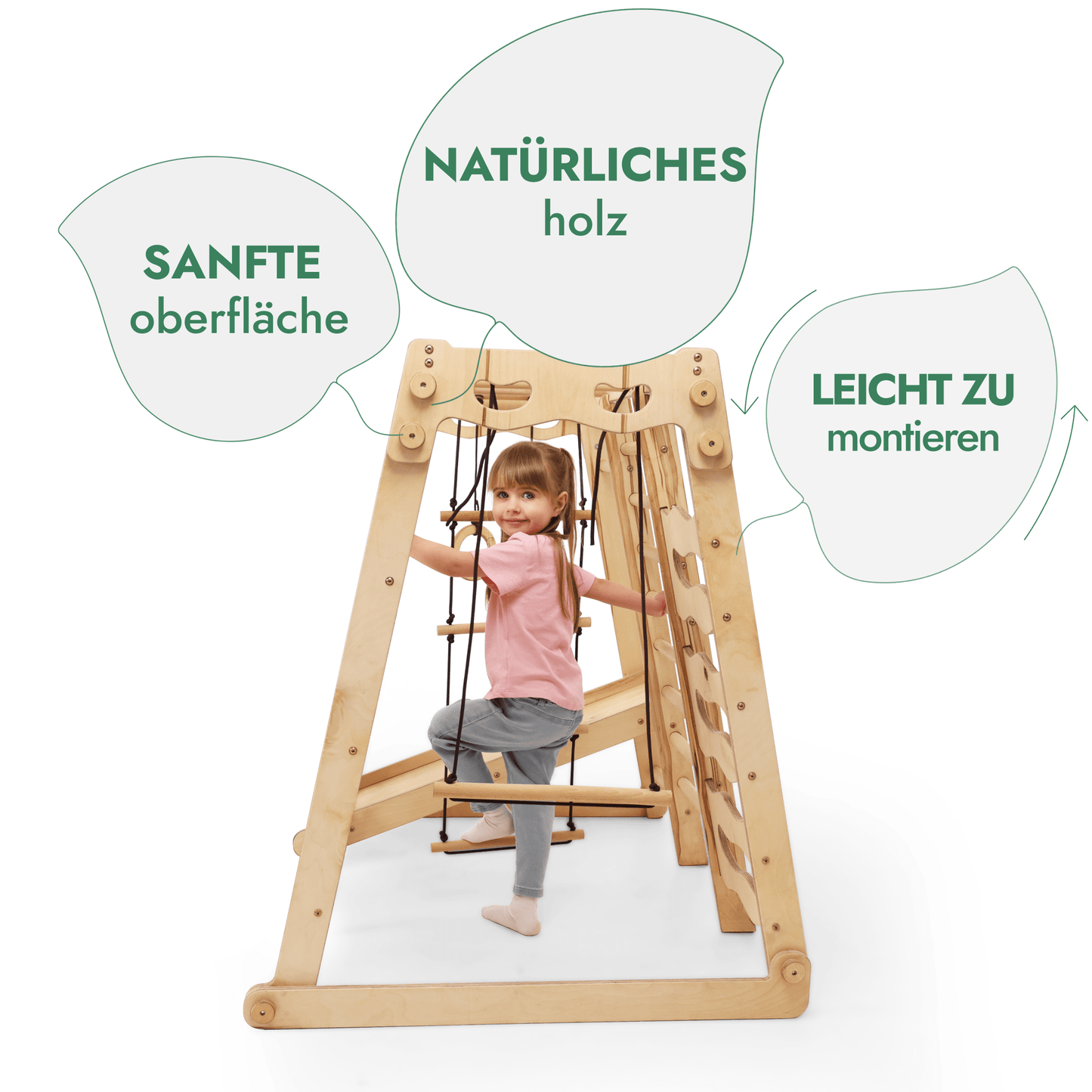 Child playing on a wooden swing set with text highlighting features like 'natural wood', 'smooth surface', and 'easy to assemble'.