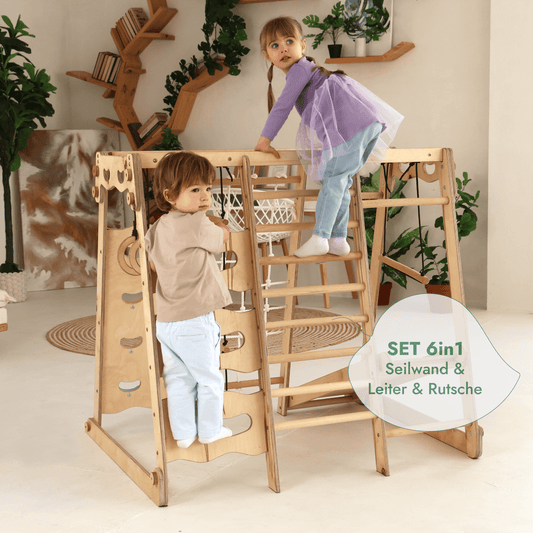 Children playing on a wooden climbing set with 'Set 6in1 Ropa Wall & Ladder & Slide' text.