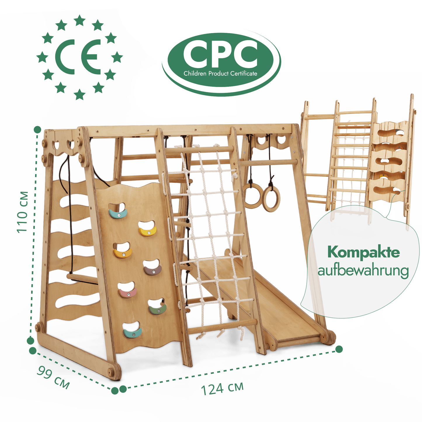 Children's wooden play structure with climbing elements, slide, and measurement details on a white background.