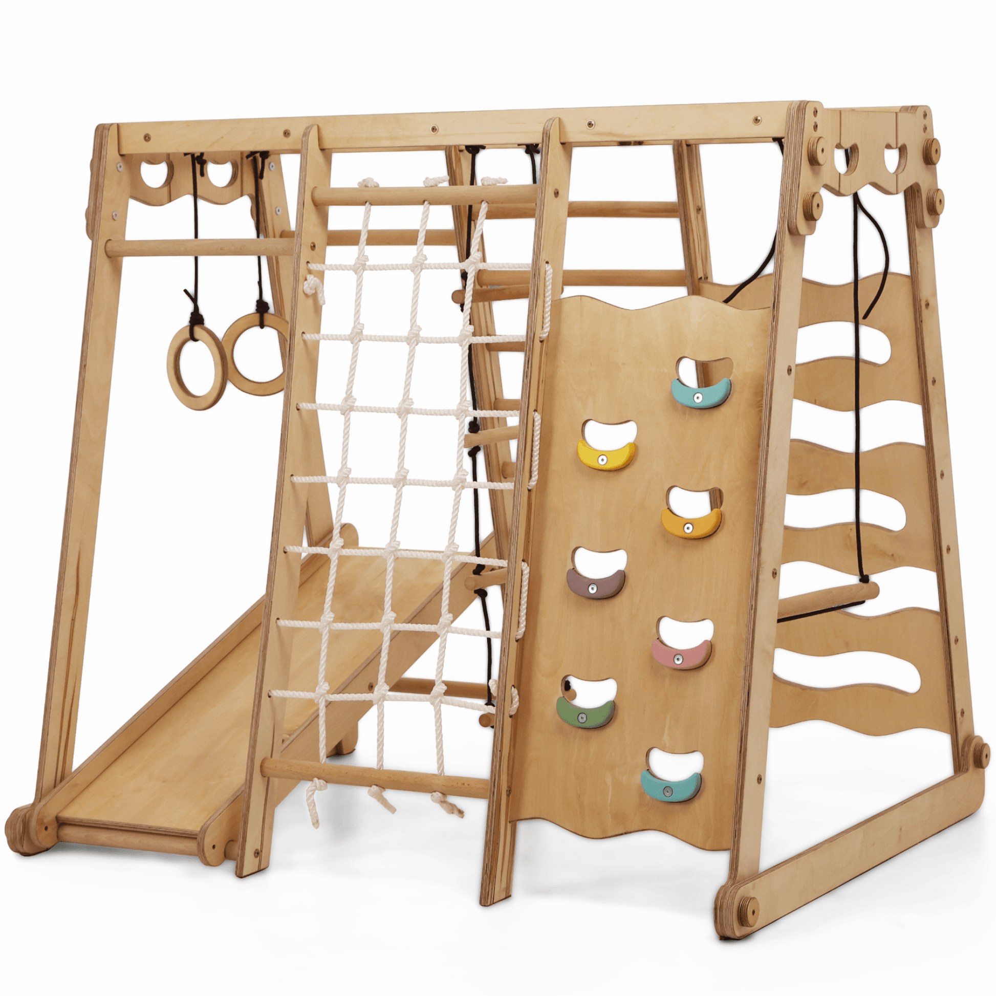 Wooden children's play structure with climbing elements on a white background