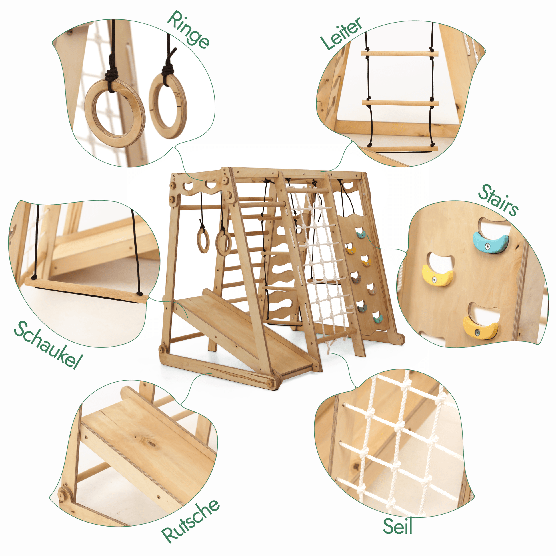 Wooden play gym with various components labeled on a white background