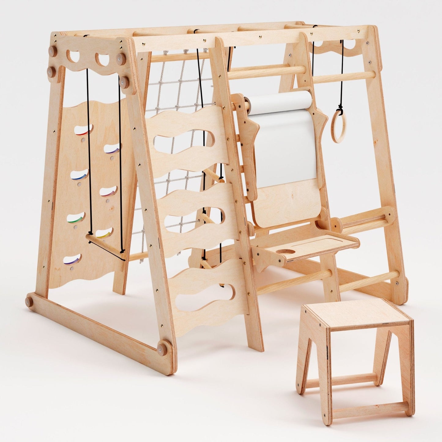 Wooden children's play structure with climbing elements on a white background
