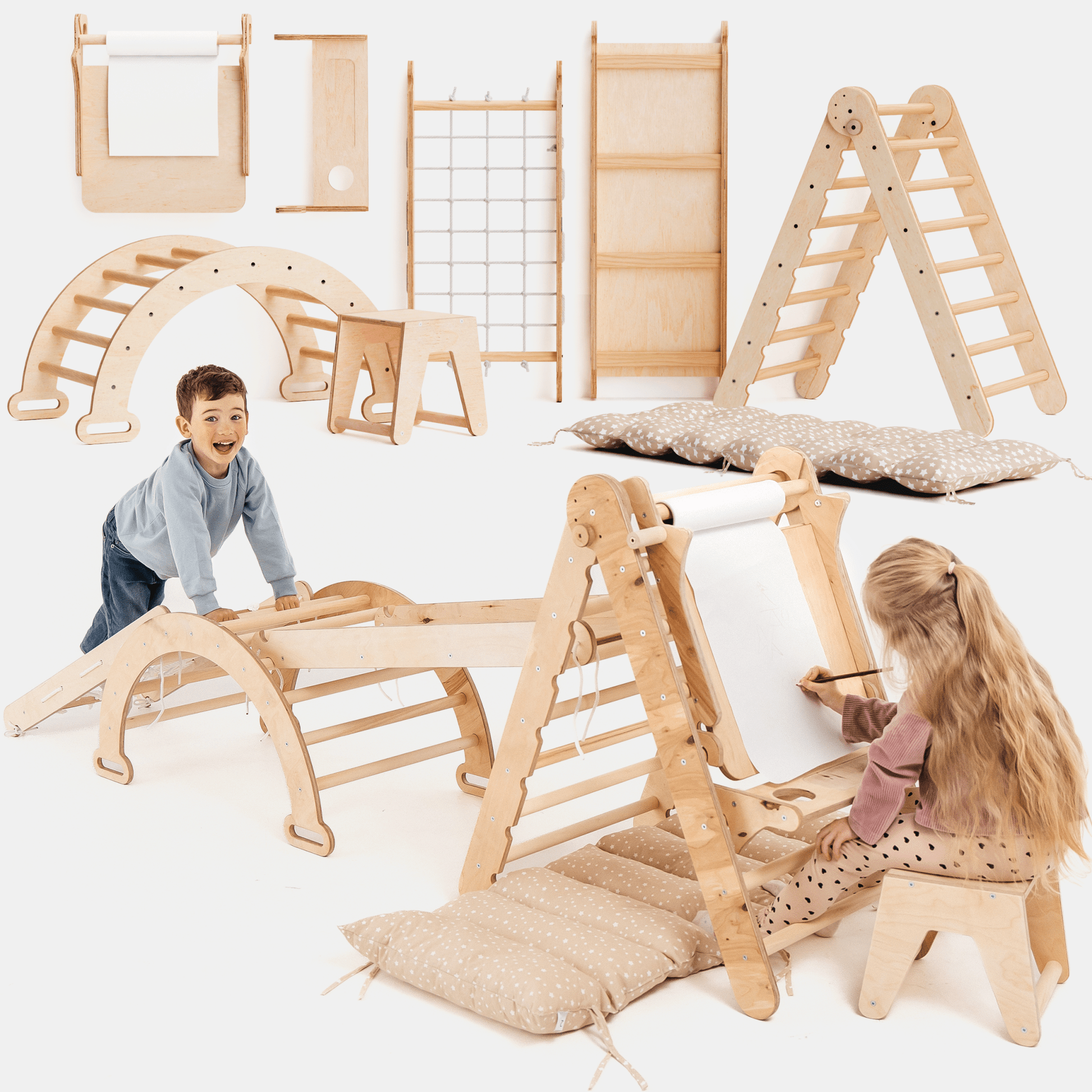Children playing with wooden climbing structures on a white background