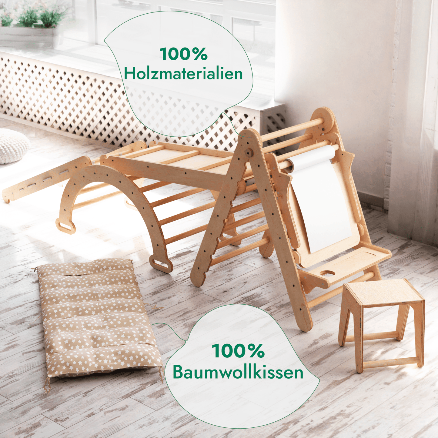 Wooden children's play set with cushions on a light wooden floor.