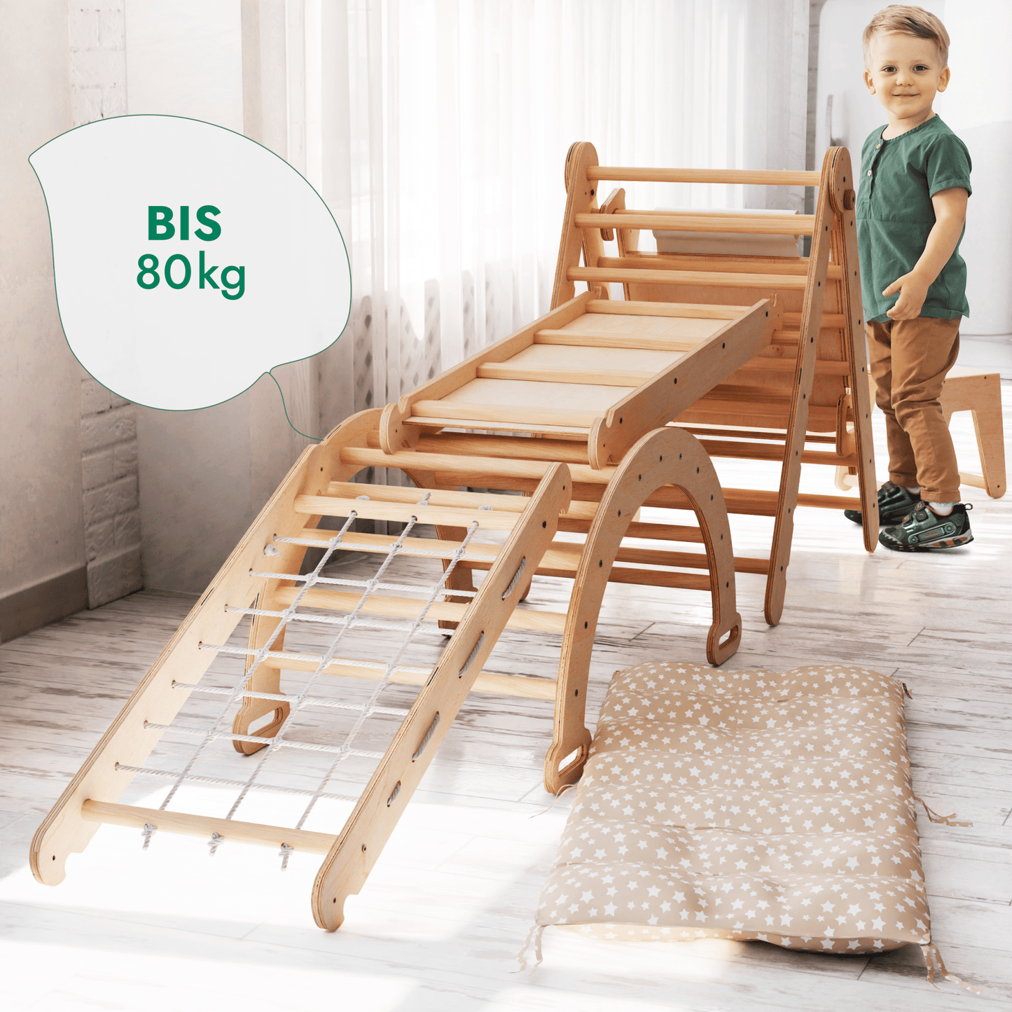 Wooden children's climbing frame with a child standing nearby, on a light wooden floor.