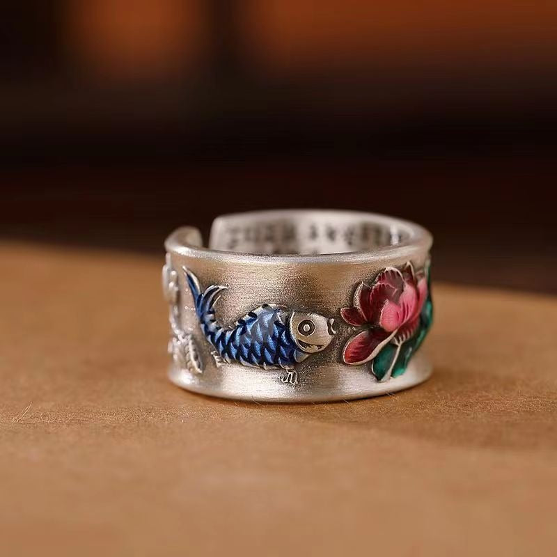 Silver-Plated Lotus Heart Sutra Ring - DromedarShop.com Online Boutique