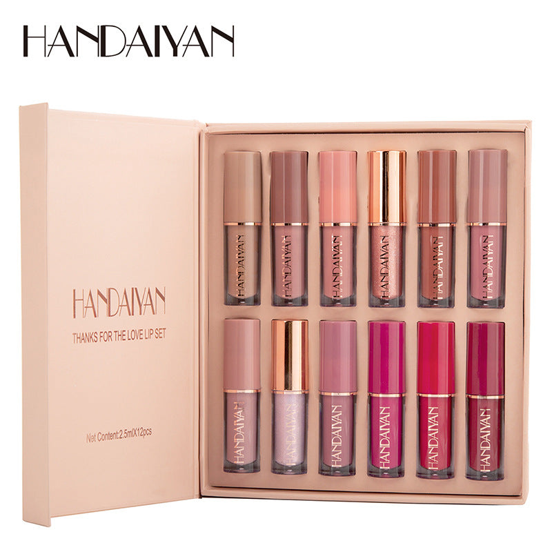 HANDAIYAN 12 Color Liquid Lipstick Set, Matte Pearlescent Non-Stick Cup Lip Gloss